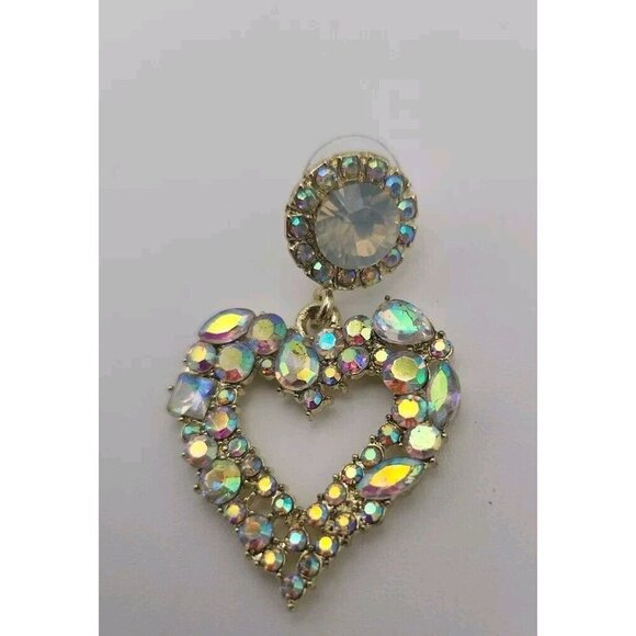 Vintage Heart Shaped Iridescent Multicolor Earrings And Matching Round Ring - Picture 3 of 12